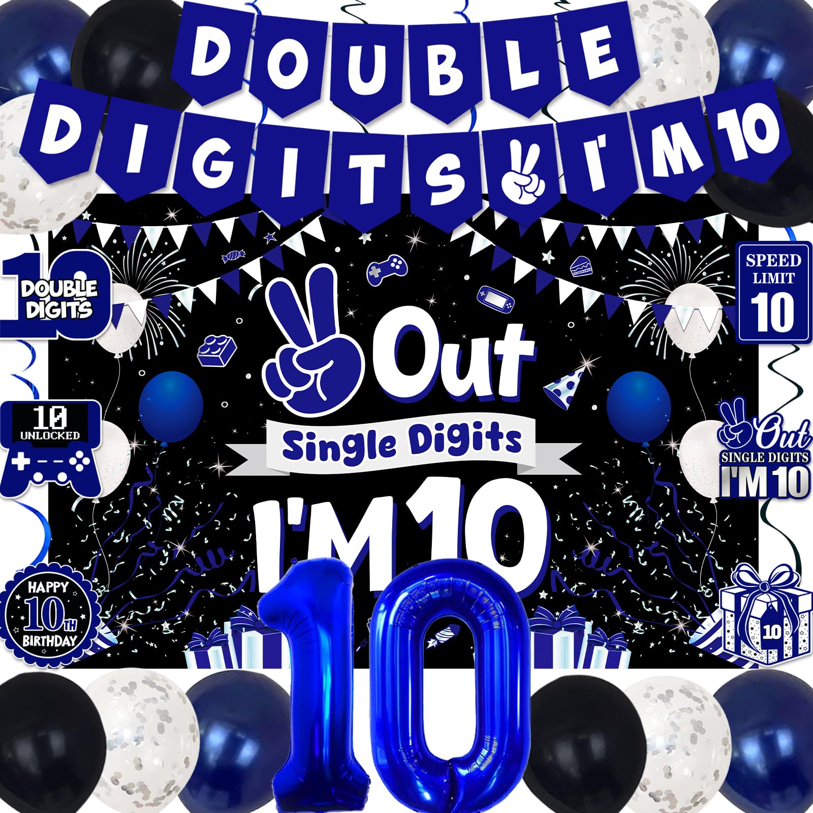 Photo 1 of 10th Birthday Decorations for Boys Girls, Blue Black Out Single Digits I'm 10 Birthday Party Decorations, Double Digits I'm 10 Banner, Foil Balloons 10, Banner, Balloons, Hanging Swirl, Birthday Card