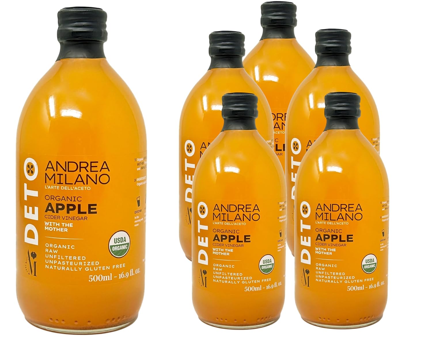 Andrea Milano Organic Apple Cider Vinegar – Raw Italian Natural Vinegar with the Mother, Unfiltered, Unpasteurized, Non-GMO, Vegan, Bulk, Glass Bottle (16.9 fl oz(Pack of 6))