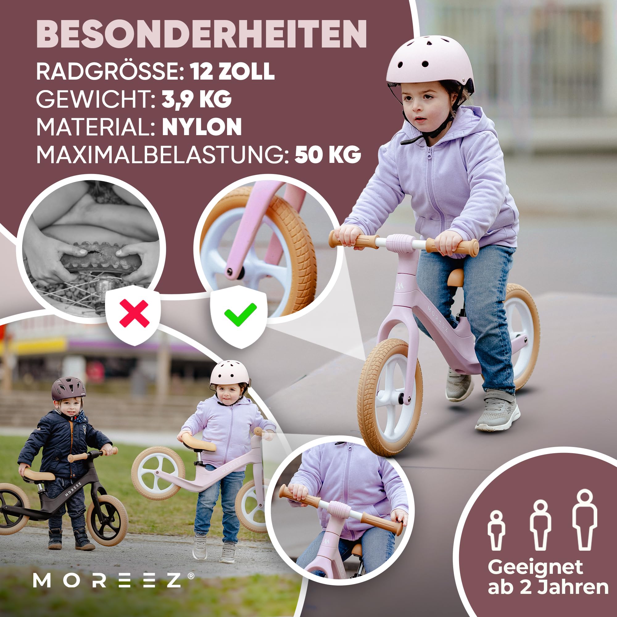 MOREEZ® Laufrad ab 2 Jahre [2-5 Jahre] Ultraleichtes Kinder-Laufrad mit Sturzschutz, Ergonomischer Sitz, 50Kg Pannensichere 12 Zoll Räder, rutschfeste Fußstütze, Höhenverstellbar Mädchen Junge