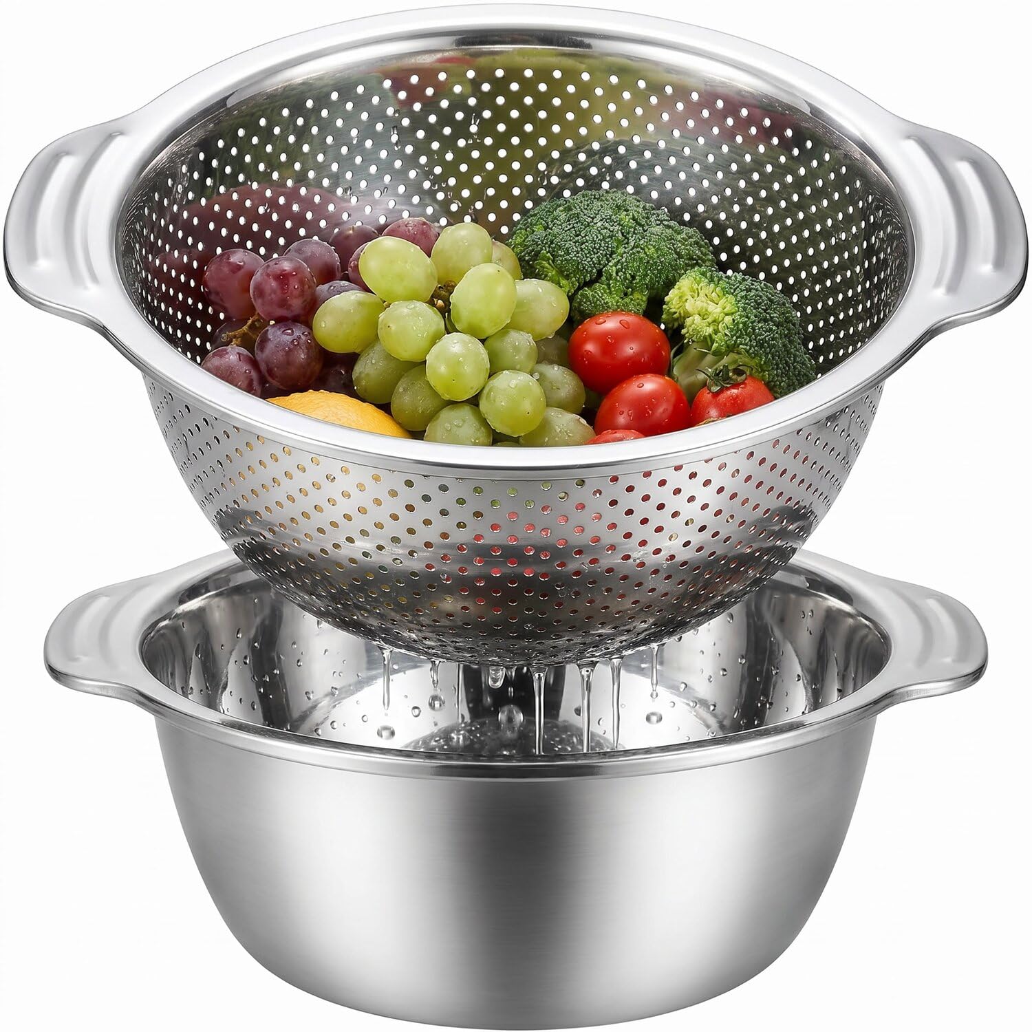Defaun Edelstahl-Sieb und Rührschüssel-Set, robust, extra dick, Küchensiebkorb mit Griffen zum Abtropfen von Nudeln, Gemüse, Obst, spülmaschinenfest und rostfrei