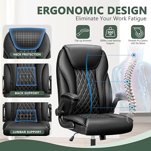 Miniatura 5 de BestEra Silla de oficina ejecutiva ergonómica de cuero, silla ancha de oficina en casa con brazo abatible ajustable, silla de escritorio para