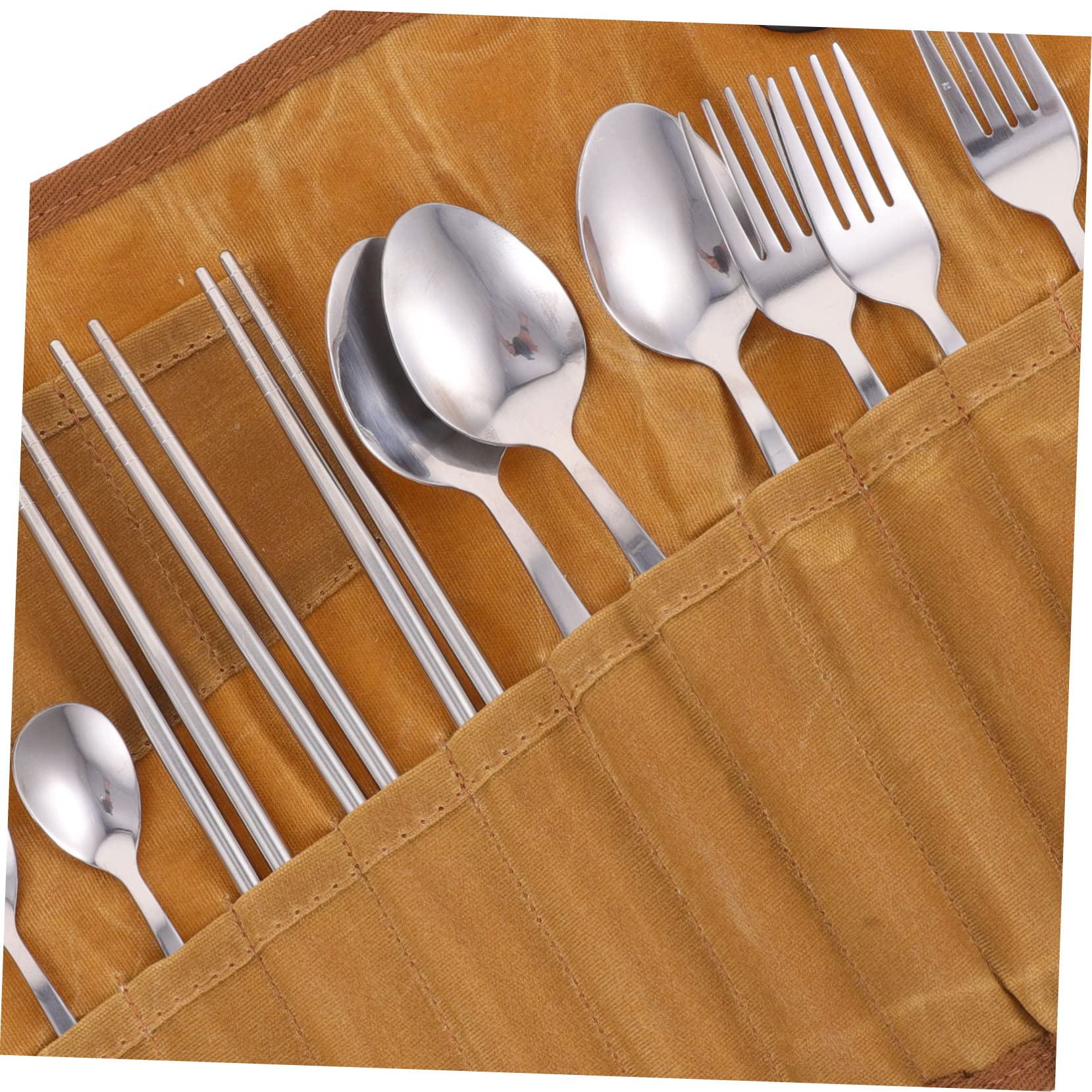 1 Set custodia per posate Forniture da campeggio borsa porta posate custodia per stoviglie per il campeggio utensili da picnic multifunzionali Acciaio inossidabile Marrone