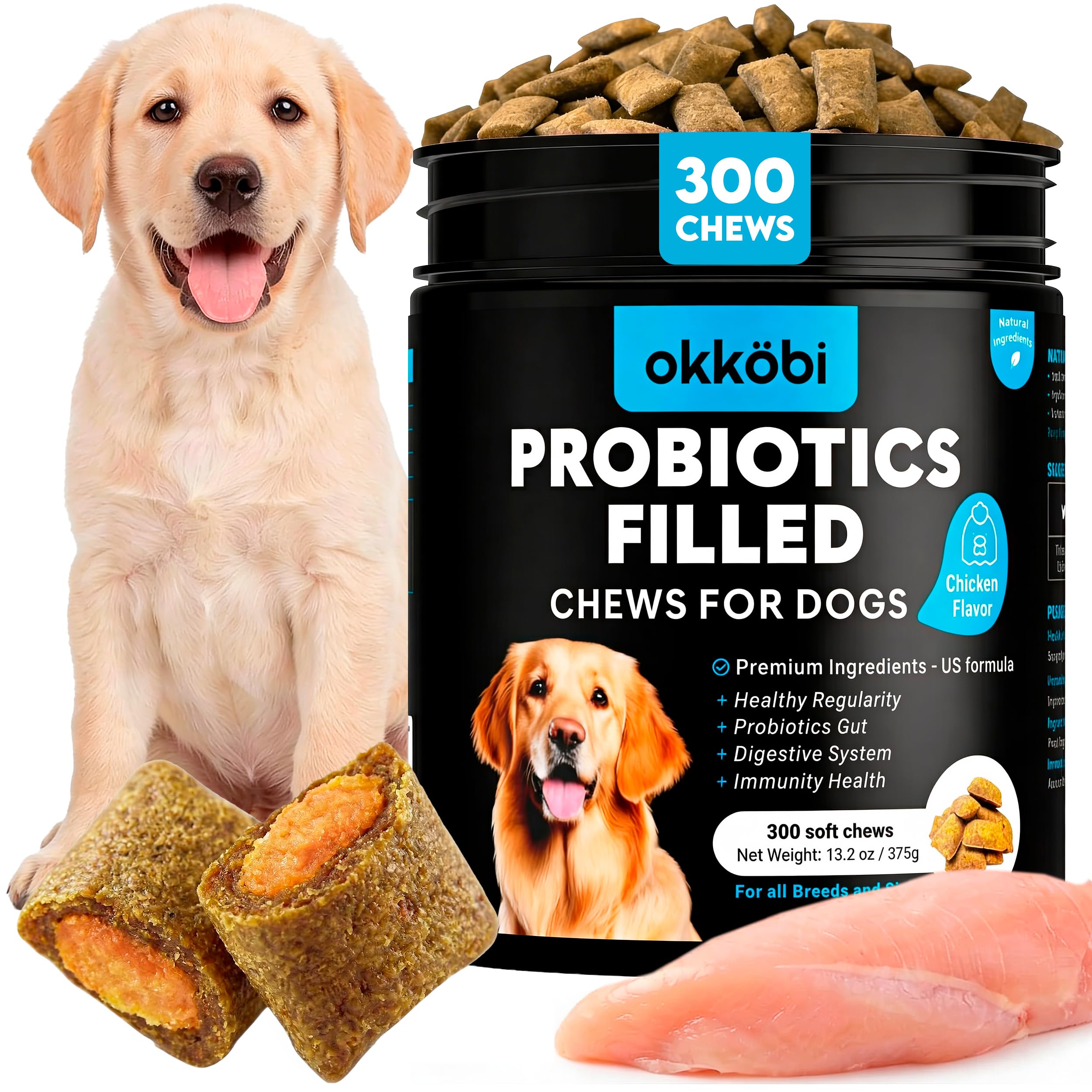 Probiotics for Dogs Chews 300PCs - Digestive, Gut Health & Diarrhea Support - With Dog Probiotics, Enzymes & Natural Ingredients - Crunchy & Creamy Chicken