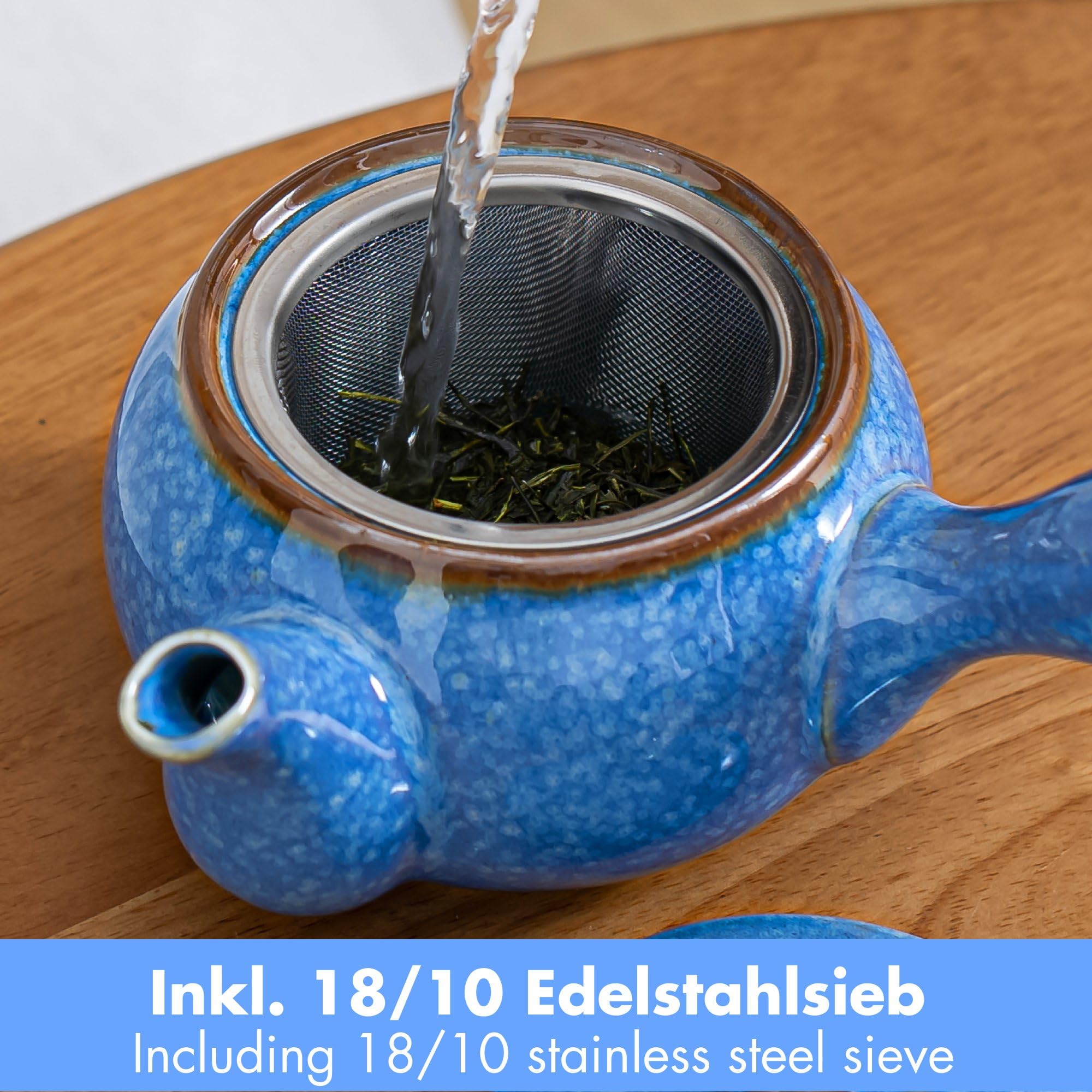goodwei Japanisches Kyusu Teeset - Seitengriffkanne (320 ml) mit Edelstahlsieb & 4 Teetassen (110 ml) – authentisches Geschenkset für Grünen Tee (Umi)