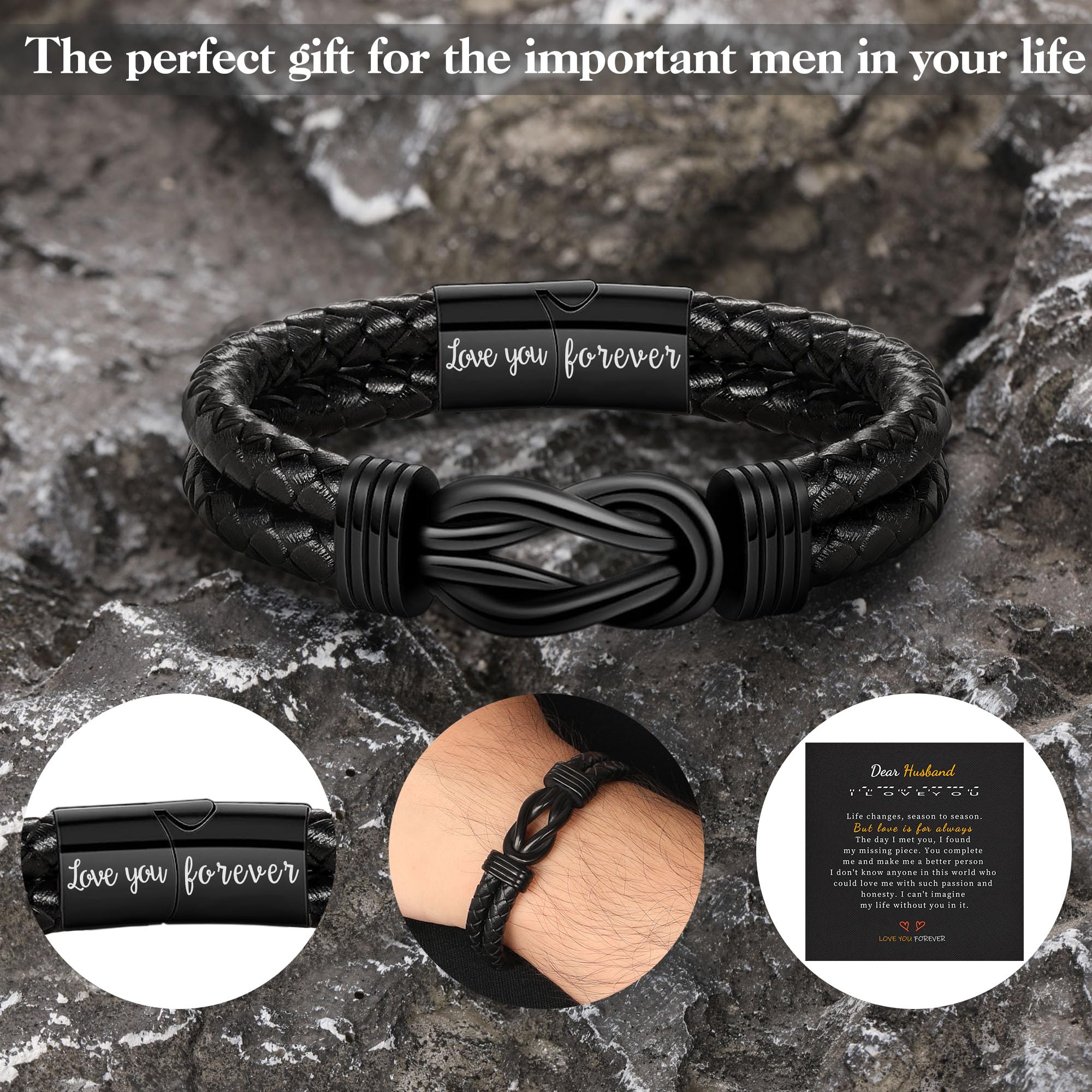 Regalos para hombres, rellenos de calcetines de Navidad para adolescentes, pulseras de cuero para hombres, regalos para él, pulseras de infinito, regalo de cumpleaños para novio, hijo, nieto, esposo 3