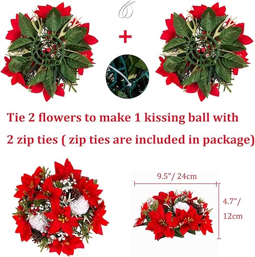 Miniatura 5 de BLOSMON Flores de Pascua artificiales de Navidad 2 piezas de centros de mesa de bolas florales falsas rojas para decoraciones de mesas, flor de