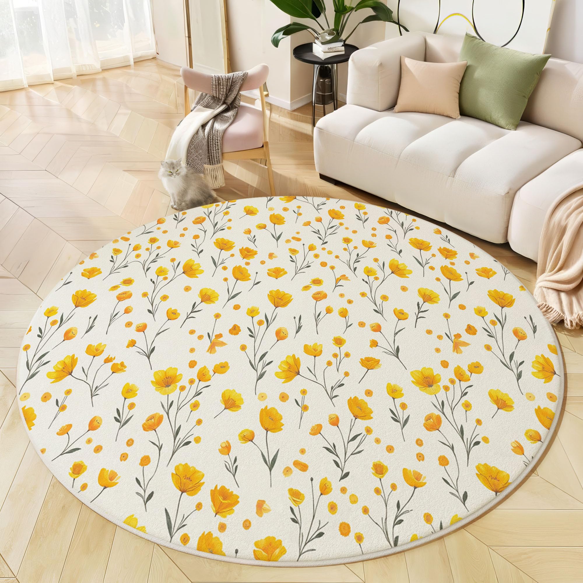 Tapis rond motifs champêtres beige de 60 cm avec envers antidérapant lavable