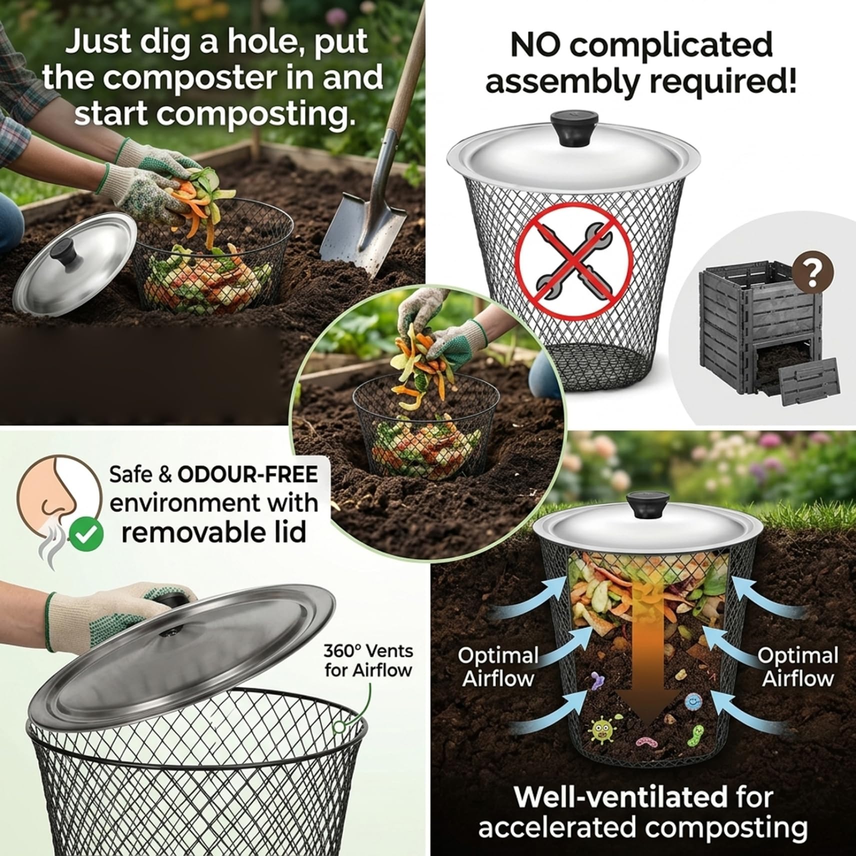 Compostador de lombrices con Tapa, Cubo de compostaje subterráneo de Malla metálica de 6 Piezas para residuos de Cocina y jardín, Cubo de compostaje para Exteriores Que favorece, Negro, 23 cm