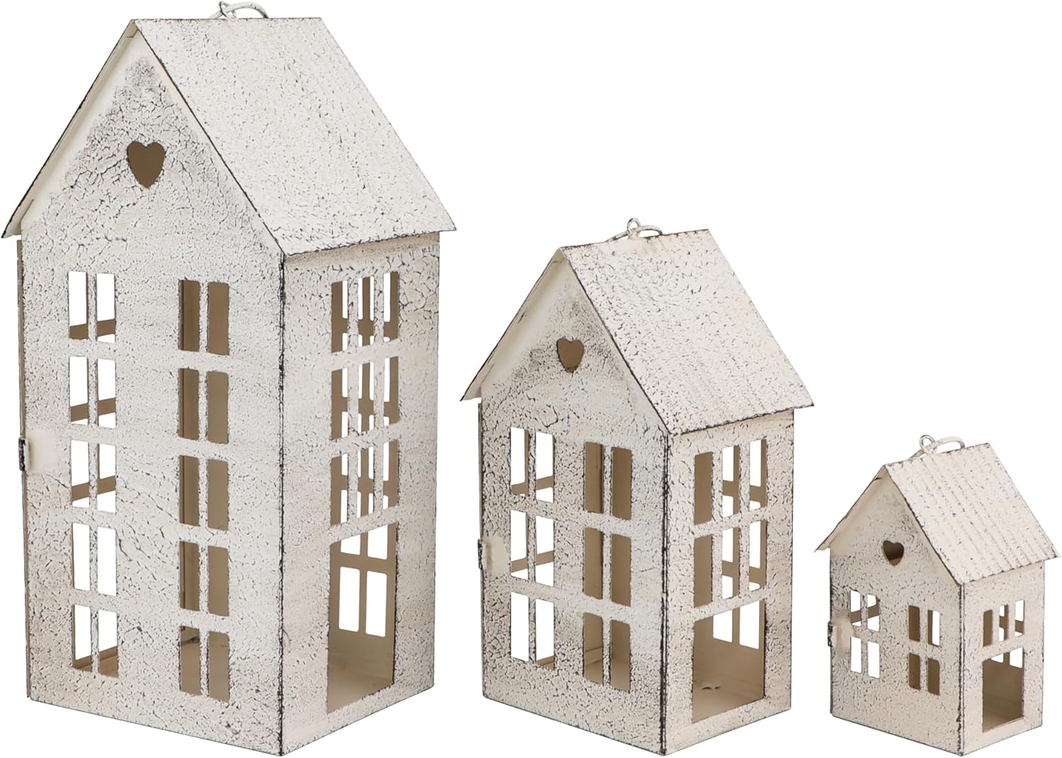 TRIROCKS 3 Pcs Decorative Mantel Shelf Tea Light Lanterns 13.5"&9.5"&5.5" H Village Farmhouse House Candle Holders for Home Decor Patio Wedding Parties Ornaments Indoors Outdoors(Cream White)