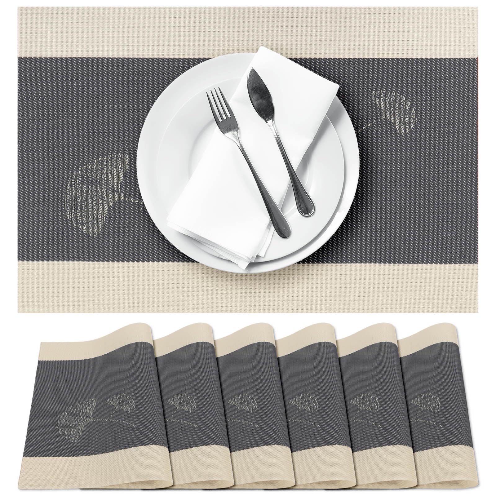 Terafeels 6 Pack Place Mats for Table, Ginkgo Leaves Pattern – Durable and Easy to Clean Placemats for Dining, Kitchen, or Home Decor – Non-Slip, Heat-resistant, Stylish Table Mats (Grey)