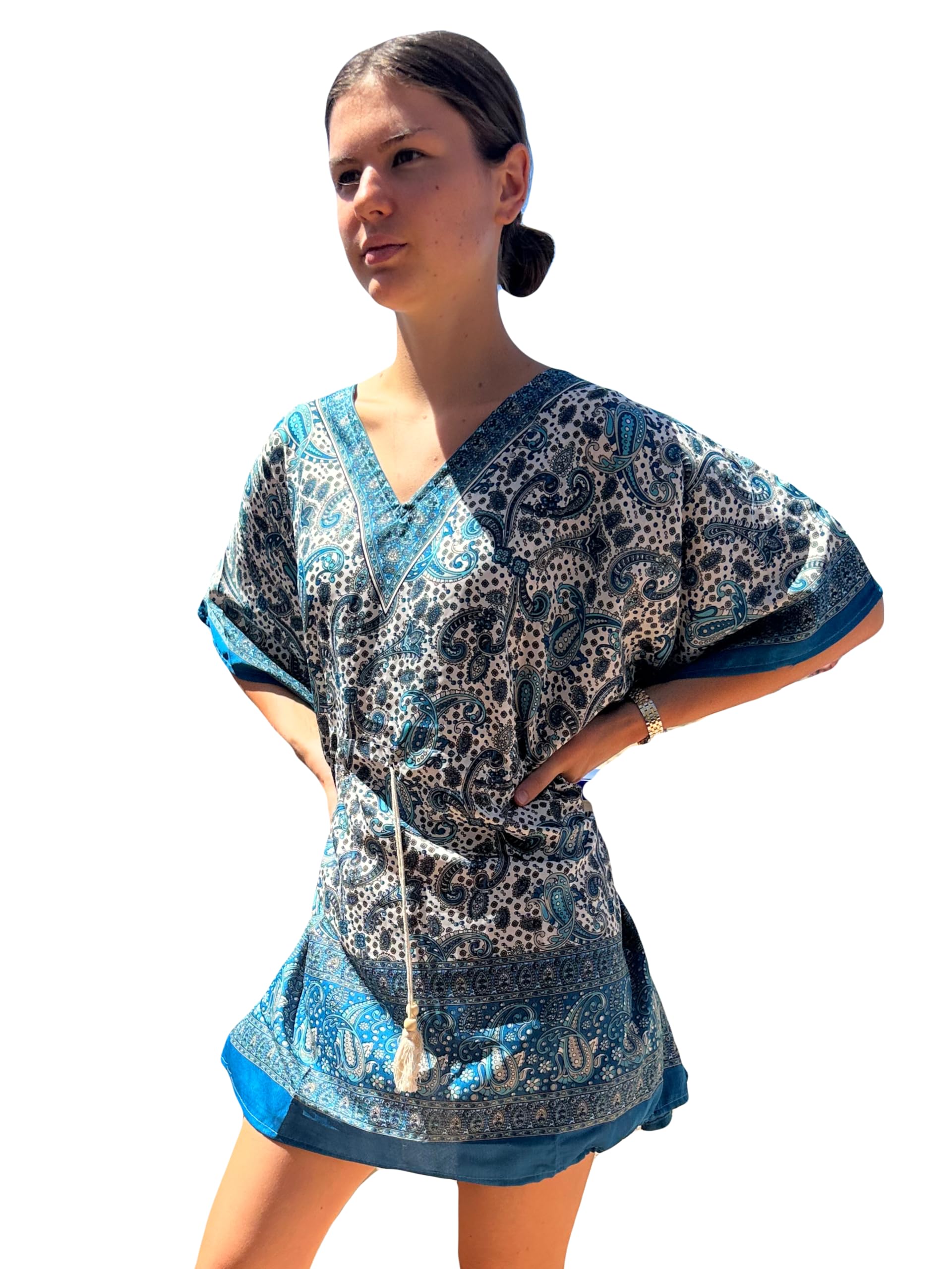 MIGURA Vestido Verano Mujer Ligero Playa Dia a Dia Ropa Ibicenca Pareo Camisola Playera Elegante Monos Algodon Poliester Fresco Pareo Bohemio Étnico Azul Claro