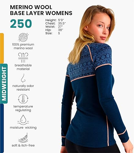 Miniatura 2 de Capa base de lana merino para mujer, 100% merino, suéter con media cremallera para mujer, ligero, peso medio, camisas térmicas y calcetines