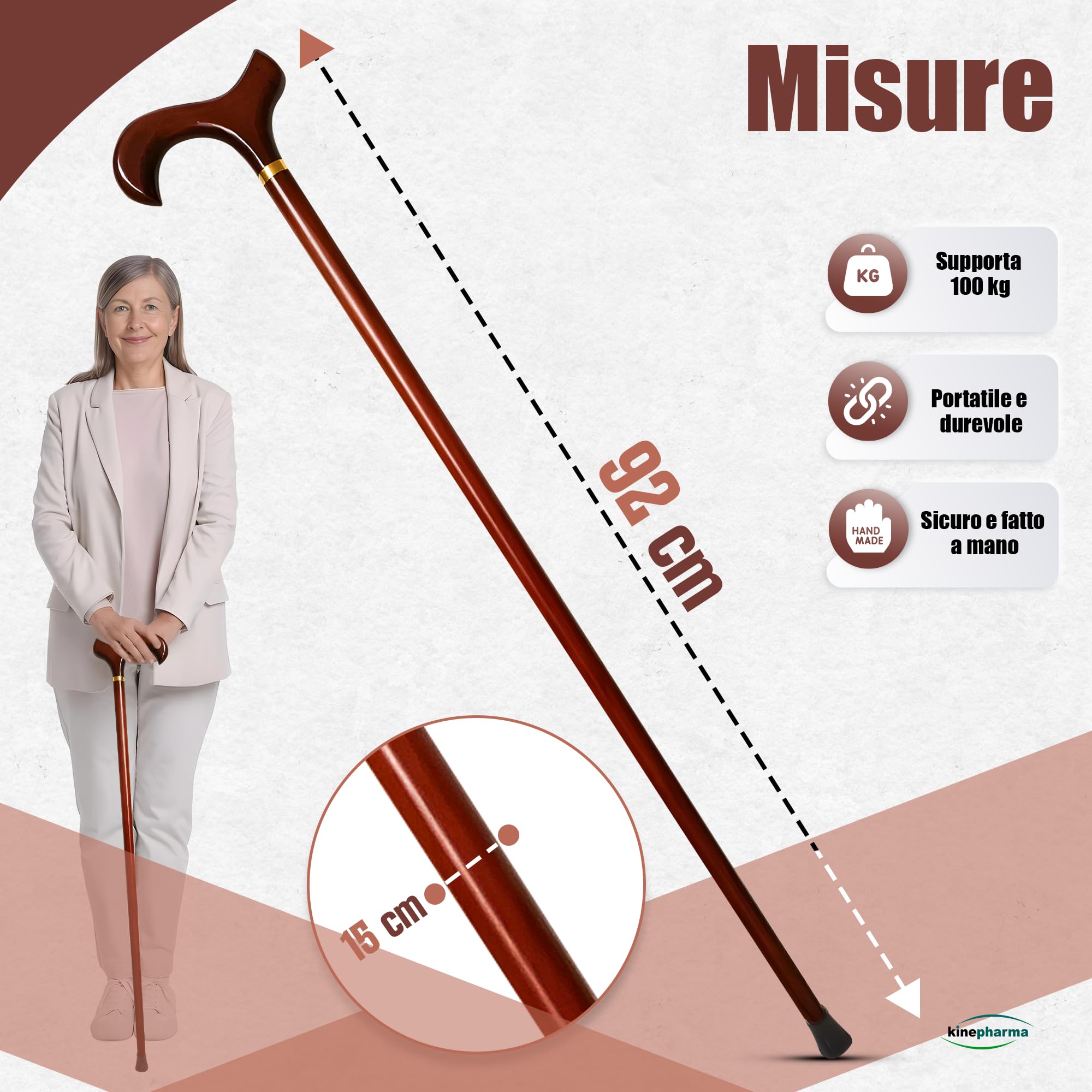 Bastone da Passeggio in Legno per Tutte Le età con Manico Derby da 92 cm | per Altezze da 1,70 a 1,85 m | Bastone per Uomo e Donna Robusto