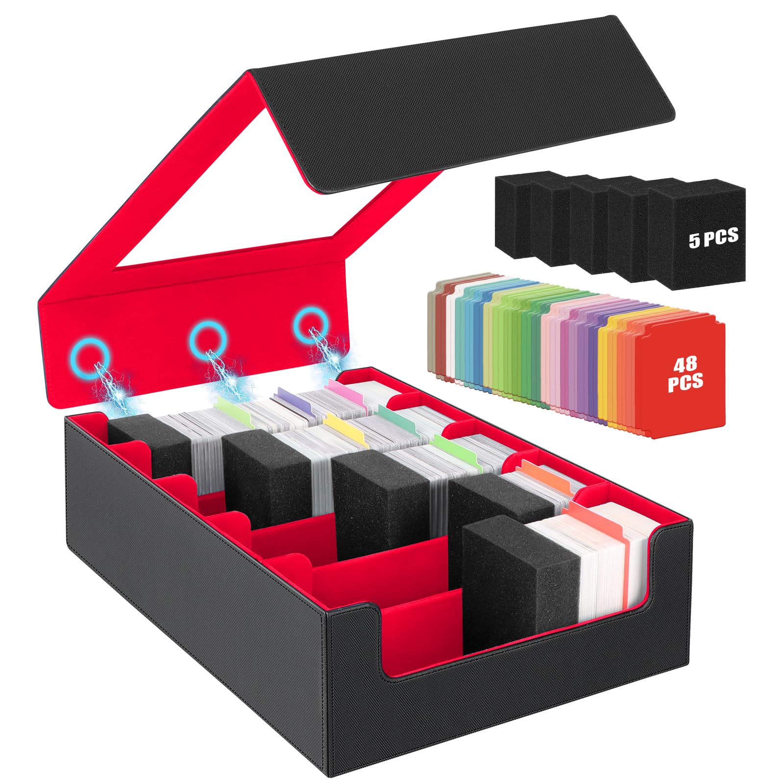 AOBOPLE Boîte de 5 Rangées Rangement de Cartes Pour 3900+ Cartes,Avec 48 Intercalaires et 5 Supports en Mousse,Boîte Rangement Carte Magnétiques de Qualité Supérieure,Rangement Cartes de Spor(Rouge)