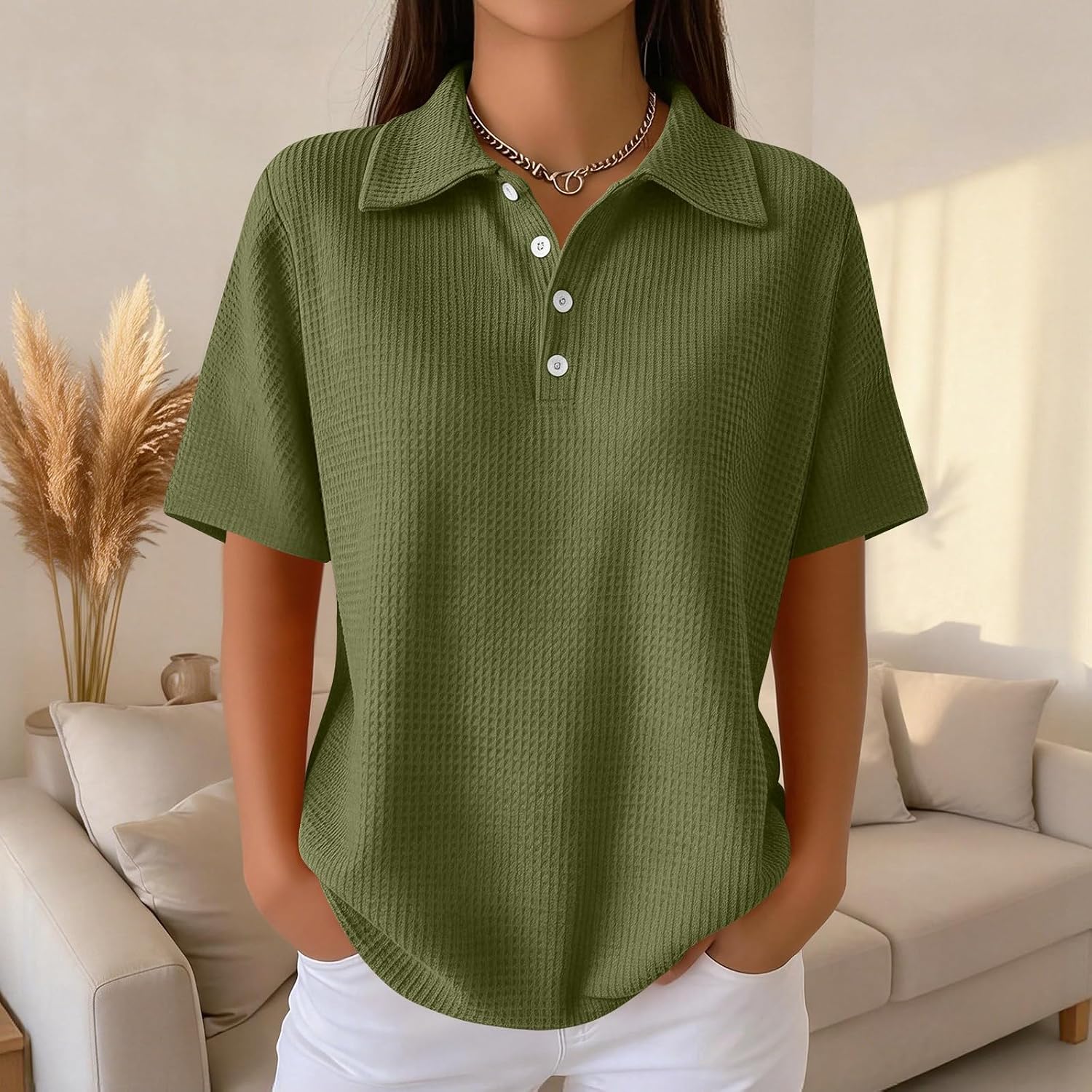 Waffle Knit Tops for Women Short Sleeve Henley Polo Shirts Lightweight Summer Button Collared Loose Basic Shirt