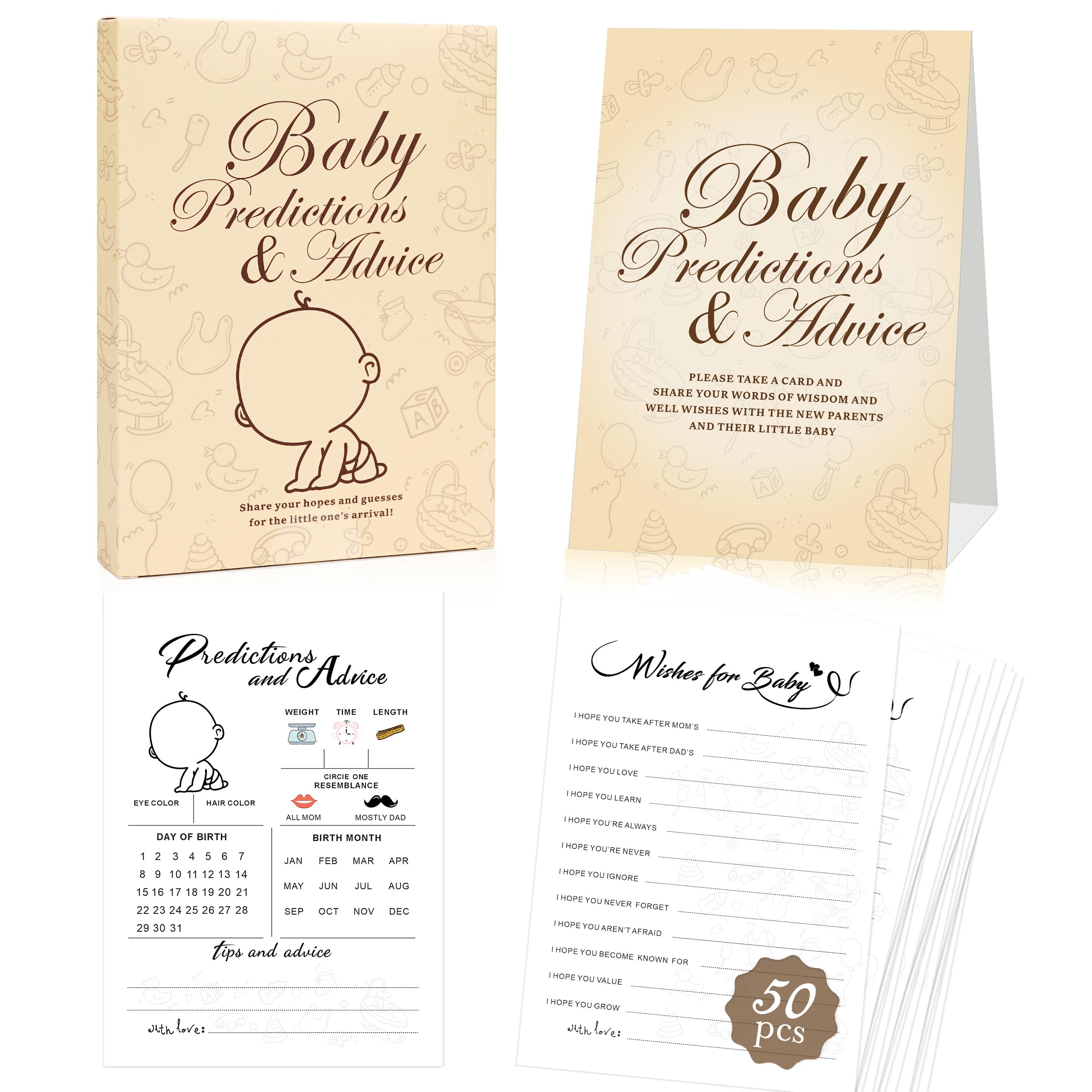 Predictions & Advice Cards for Shower Games, Advice and Wishes for New Parents to Be,50 Pcs Party Prediction Cards, Display Stand, Boys Girls Gender Reveal Games for Guests, Style-003