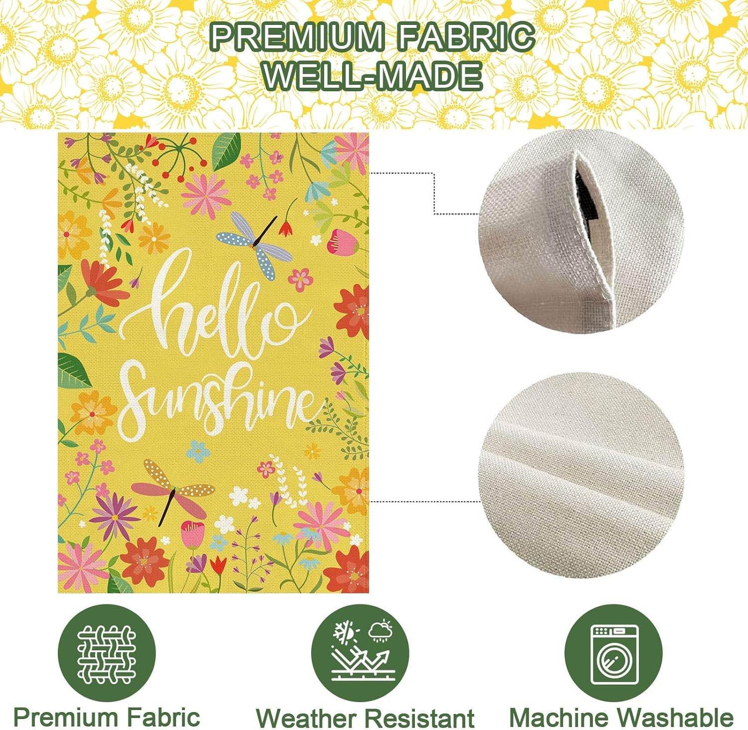 Baccessor Spring Garden Flag 12.5 x 18 Inch, Hello Sunshine Floral Double Sided Burlap Welcome Yellow Small Yard Flag Seasonal Holiday Lawn Proch Outdoor Outside Decor - Image 7