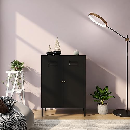 Miniatura 8 de Armarios decorativos de metal rosa con 2 estantes ajustables, armario de almacenamiento de metal de 3 niveles con patas, armarios de acero para