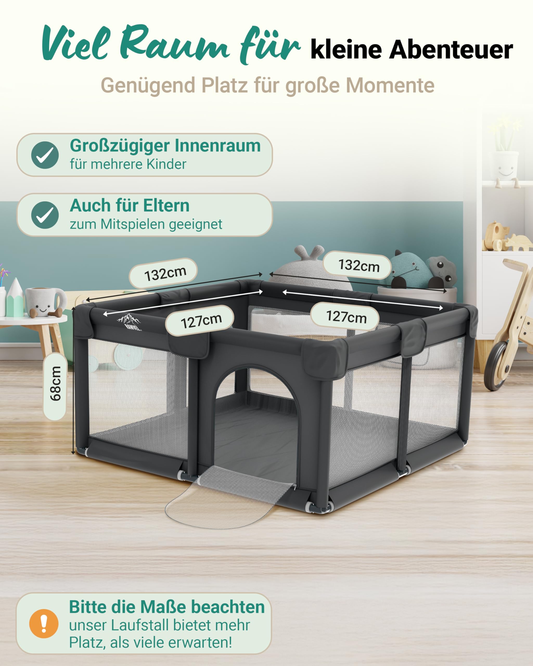 RAWVEL® Laufstall Baby Fence – [NEU 2025] – Laufgitter Baby Laufstall Playpen Kind, Laufgitter & Ställe, Kinderlaufstall, Play Pen – [Laborgeprüft] – Atmungsaktiv & Vollständig gepolstert - 130x130 cm