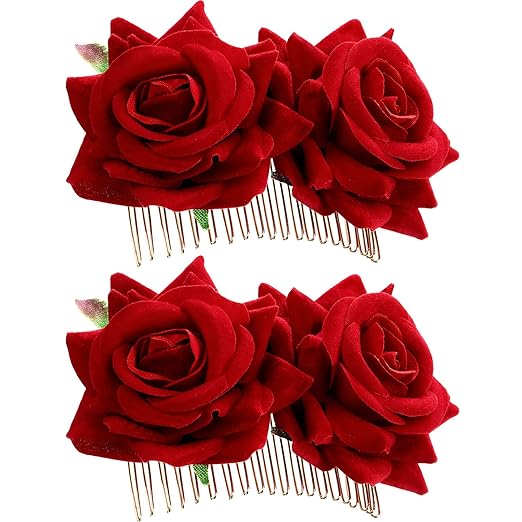 Bememo 2 Pack Women Rose Flower Hair Clip Rose Side Combs Flamenco Flowers Day of The Dead Costumes Mexican Hair Accessories for Wedding Party Mother's Day(Red)