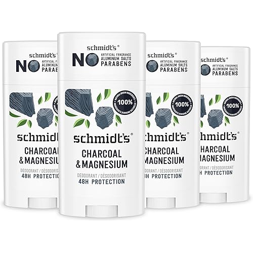 Schmidt's Aluminum-Free Vegan Deodorant Charcoal & Magnesium with 24 Hour Odor Protection, 4 Count for Women and Men, Natural Ingredients, Cruelty-Free, 2.65 oz