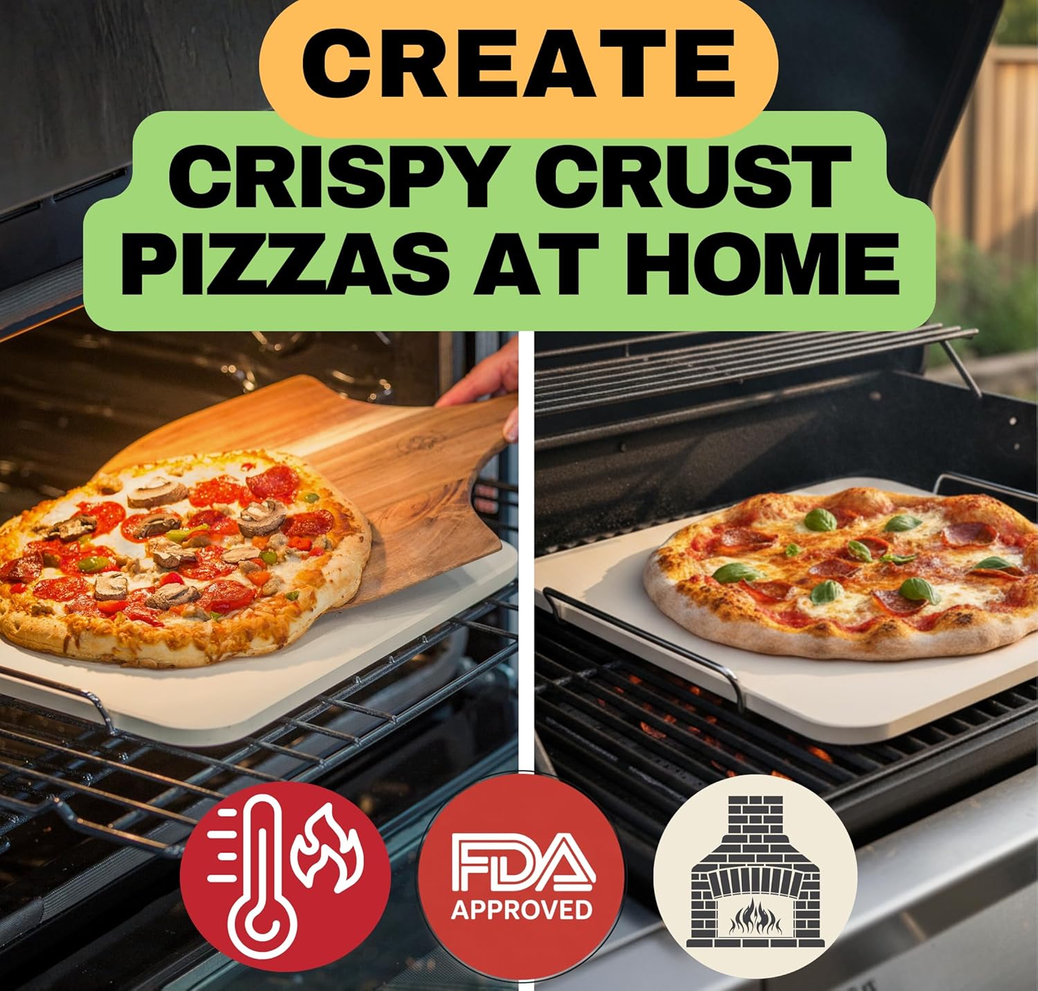 Pizza Stone for Oven and Grill Set - 5PCS Pizza Making Accessories Kit - 15 inch Pizza Stone with Handles, Pizza Peel, Pizza Cutter, Dough Tool - Baking Stone for Bread - Large Rectangular Oven Stones