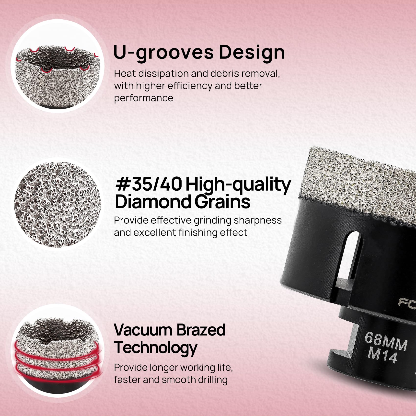FOCSTOL Brocas Diamante - 68mm Corona Diamante para Porcelanico Baldosa Cerámica Mármol Granito Cuarzo para M14 Rosca Amoladora Angular