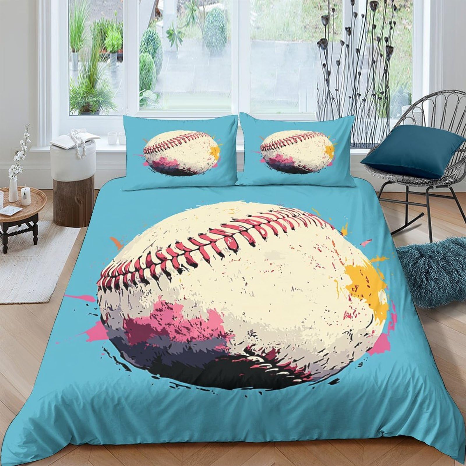 Ctjqhvkz Style-2 3D Printed Baseball Splash Fitted Sheet Microfiber Soft Blue Sports Art Mattress Cover Bedroom Dorm Decor Single（135X200cm）
