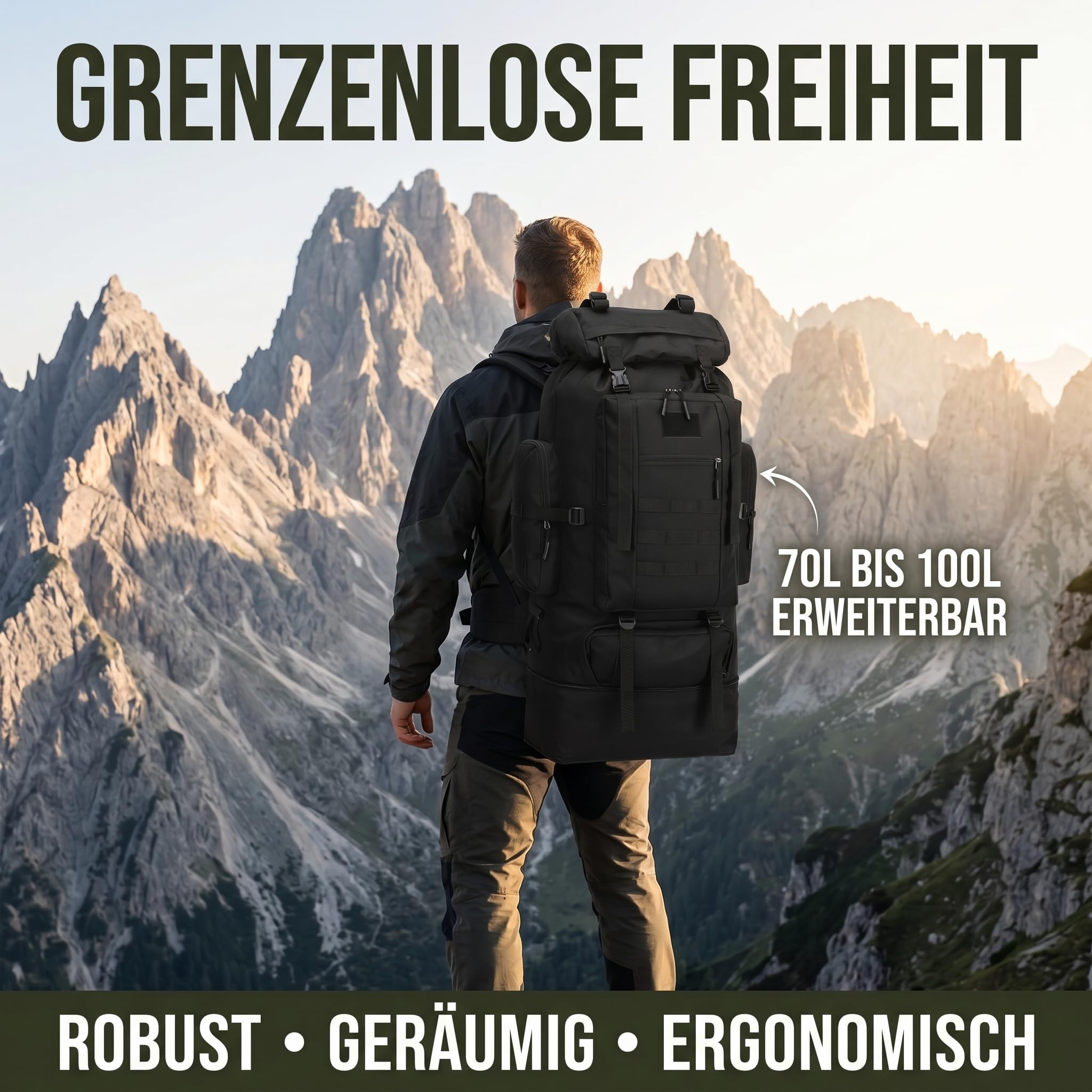 100 L Trekkingrucksack & Wanderrucksack – Großer Outdoor Rucksack für Camping, Reisen & Abenteuer, Ergonomisch, Wasserabweisend, Robust – Schwarz & Army Grün