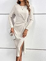 Vista 4 de SweatyRocks Vestido midi casual de manga larga con nudo frontal para mujer, cuello redondo, con abertura en el muslo, vestidos largos de punto