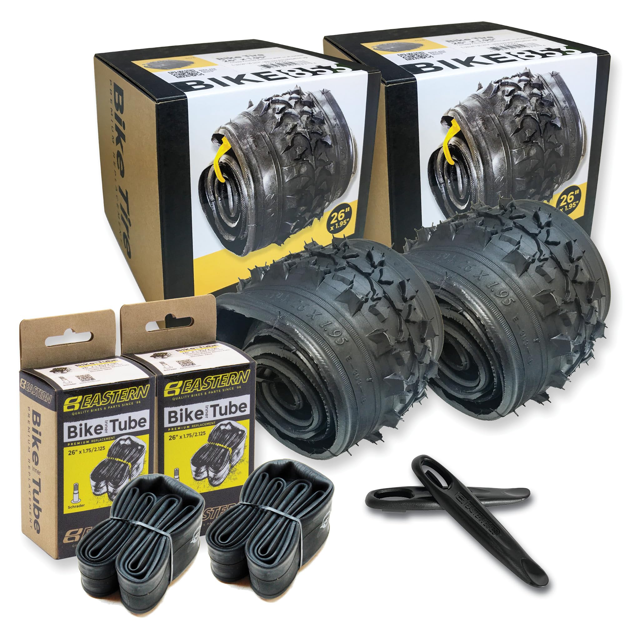 26 Inch Bike Tire Replacement Kit for Mountain Bike Tires 26 X 1.95 Includes Tools. with or Without Tubes Choose 1 or 2 Packs.