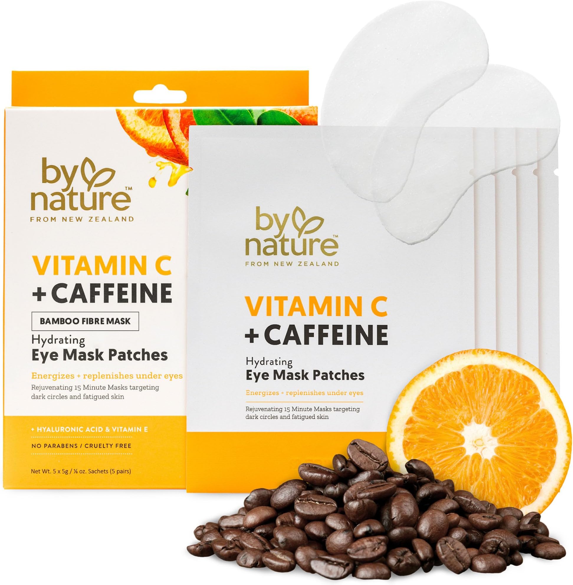 By Nature Vitamin C + Caffeine + Hydrating Under Eye Mask Patches - Energizing + Replenishing Eye Patches for Dark Circles - Skincare from New Zealand - Under Eye Patches - 5 Pairs