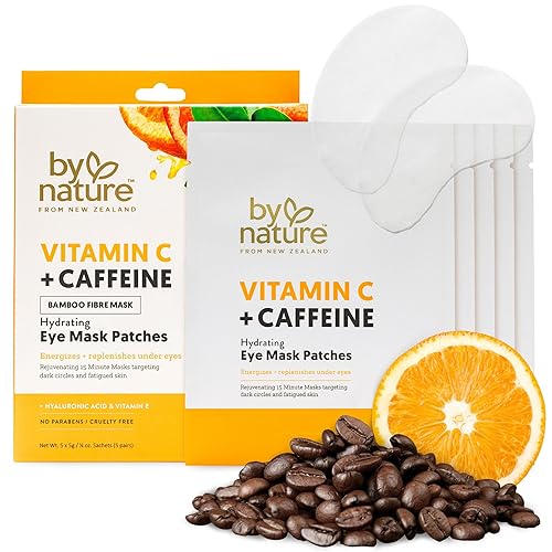 By Nature Vitamina C + cafeína iluminadora + parches hidratantes para debajo de los ojos - Parches energizantes y reponedores para ojeras - Cuidado