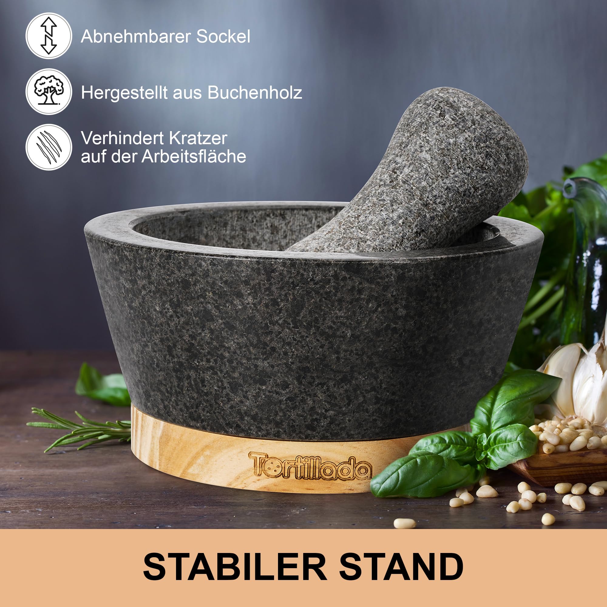 Tortillada - 16 cm XXL Mörser mit Stößel Holz Set groß aus Naturgranit mit kratzfestem Holzsockel Granit - Gewürzmühle geeignet für Gewürze, Nüsse und Kräuter mit 50 Rezepten, schwarz