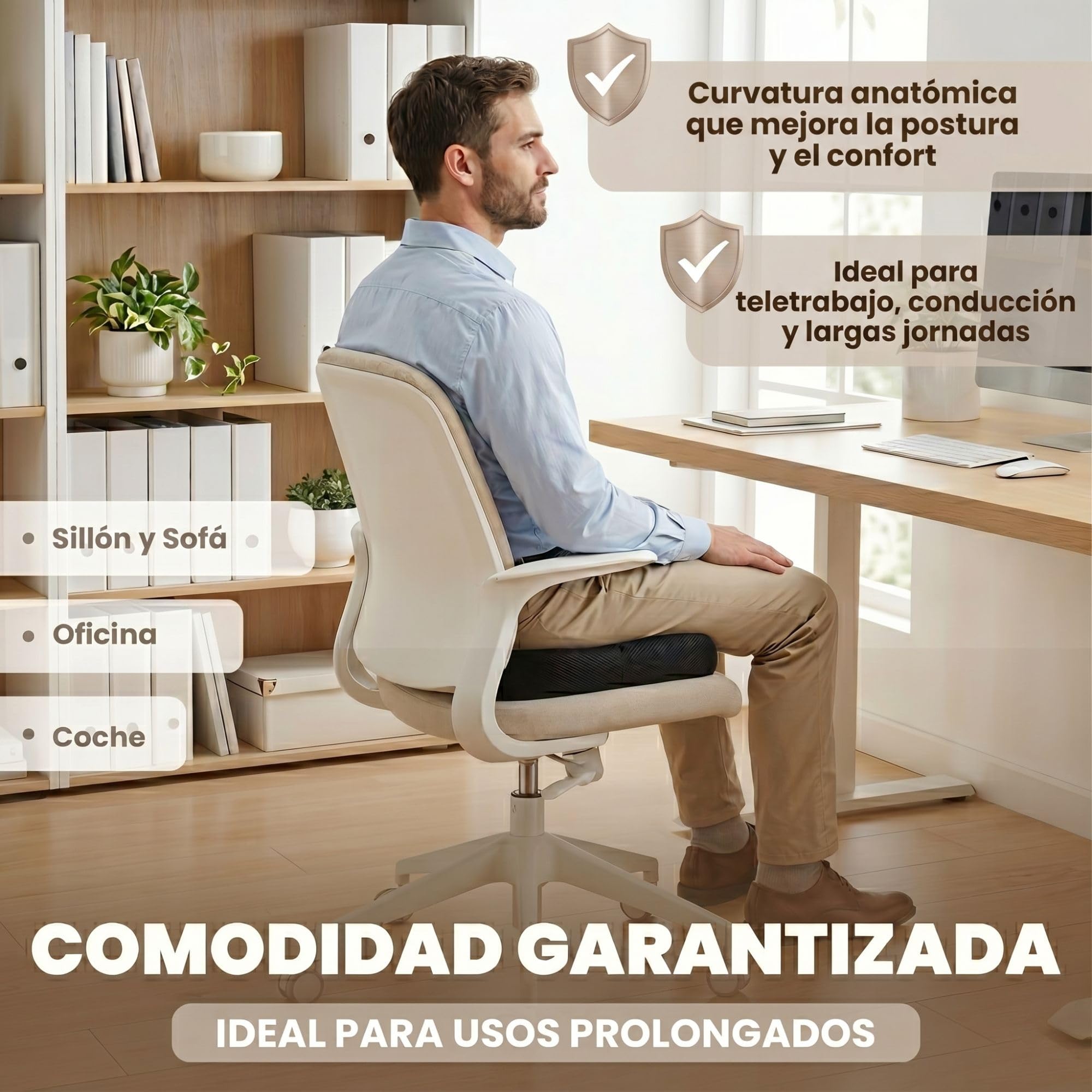 Cojín Ergonómico Viscoelástico de Coxis con Forma de Dónut – Ideal para Silla de Oficina, Coche y Teletrabajo en Jornadas Largas – Funda Transpirable Extraíble y Lavable a Máquina