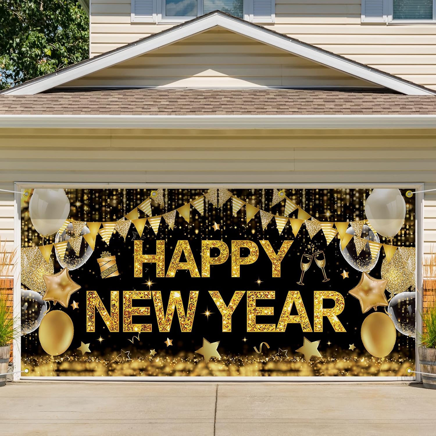 New Year Garage Door Decoration 6 x 13ft Outdoor Happy New Year Decoration Banner Garage Door Cover with 6 Brass Grommets