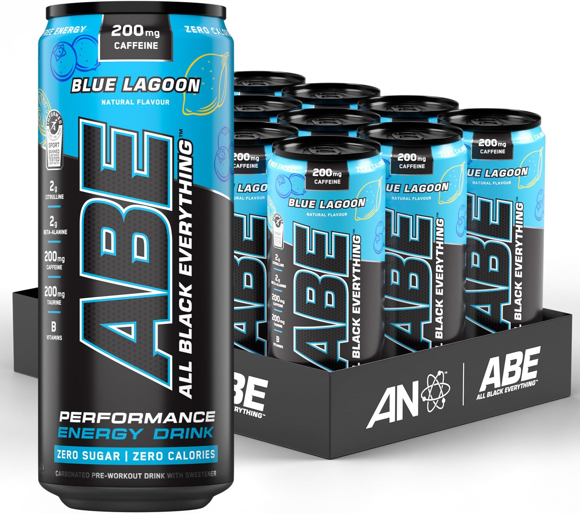 ABE Pre Workout Cans - All Black Everything Energy + Performance Drink, ABE Carbonated Beverage Sugar Free with Caffeine (Pack of 12 Cans x 330ml) (Blue Lagoon)