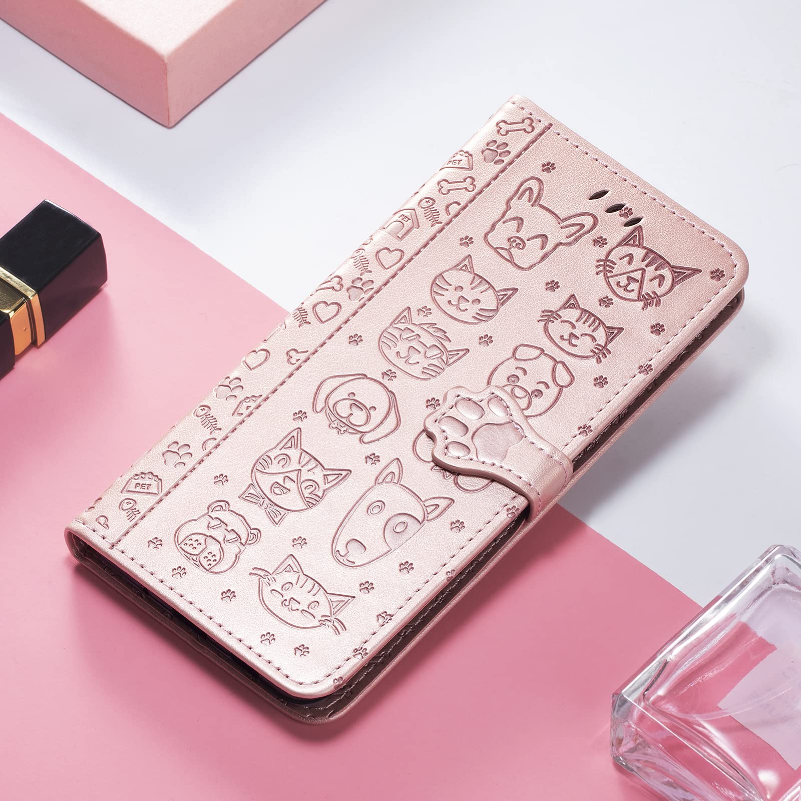 Etui na iPhone'a 17e, skórzany portfel premium z wytłoczonym wzorem uroczego kota psa [przegródki na karty] [podpórka] [wewnętrzna powłoka TPU] etui z klapką, różowe złoto