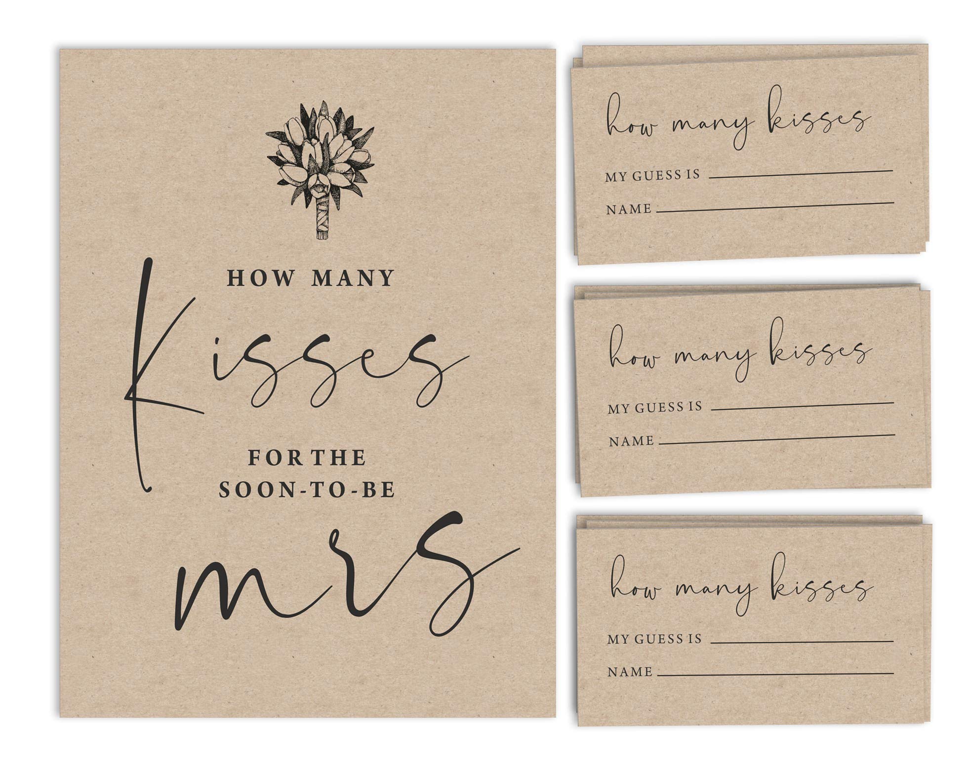 Bridal Shower Game – 'How Many Kisses' Rustic Kraft Sign With 30 Cards, Floral White Design