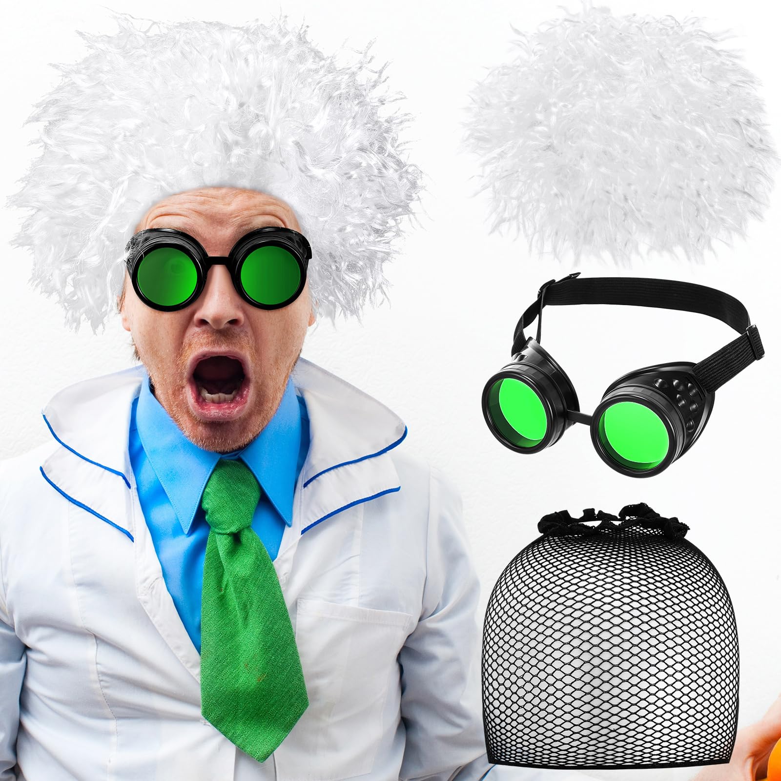 Yunlly 3 Pcs Mad Scientist Costume Set with Green Steampunk Goggles White Mad Scientist Wig and Wig Cap Crazy Eccentric Scientist Costume for Halloween Costume Party