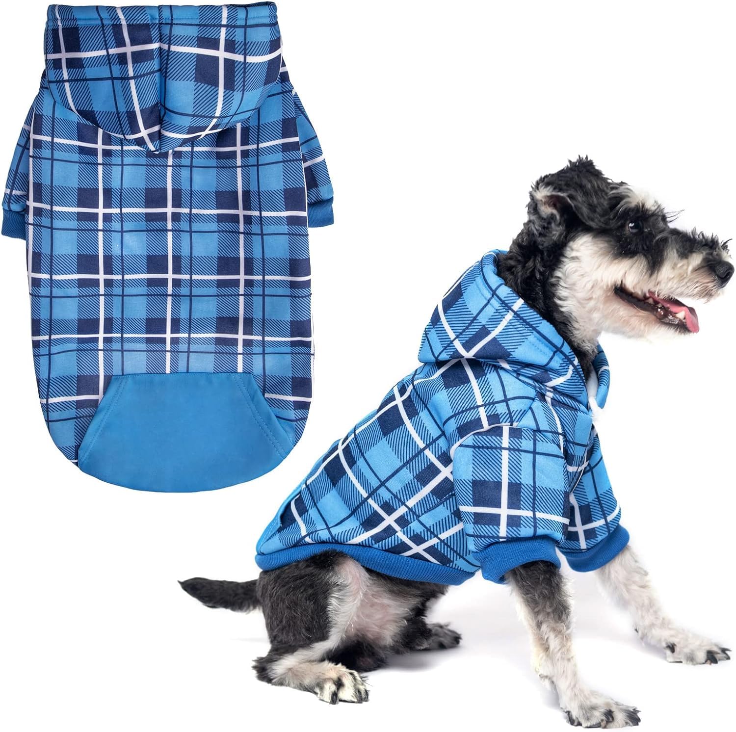 EXPAWLORER Plaid Dog Hoodie British Style - Tartan Pet Clothes Warm Dog Jumper with Lead Hole, Hooded Puppy Sweatshirt Cold Weather Clothing Outfit, Winter Coat for Small Medium Large Dogs, Blue S โ image 1