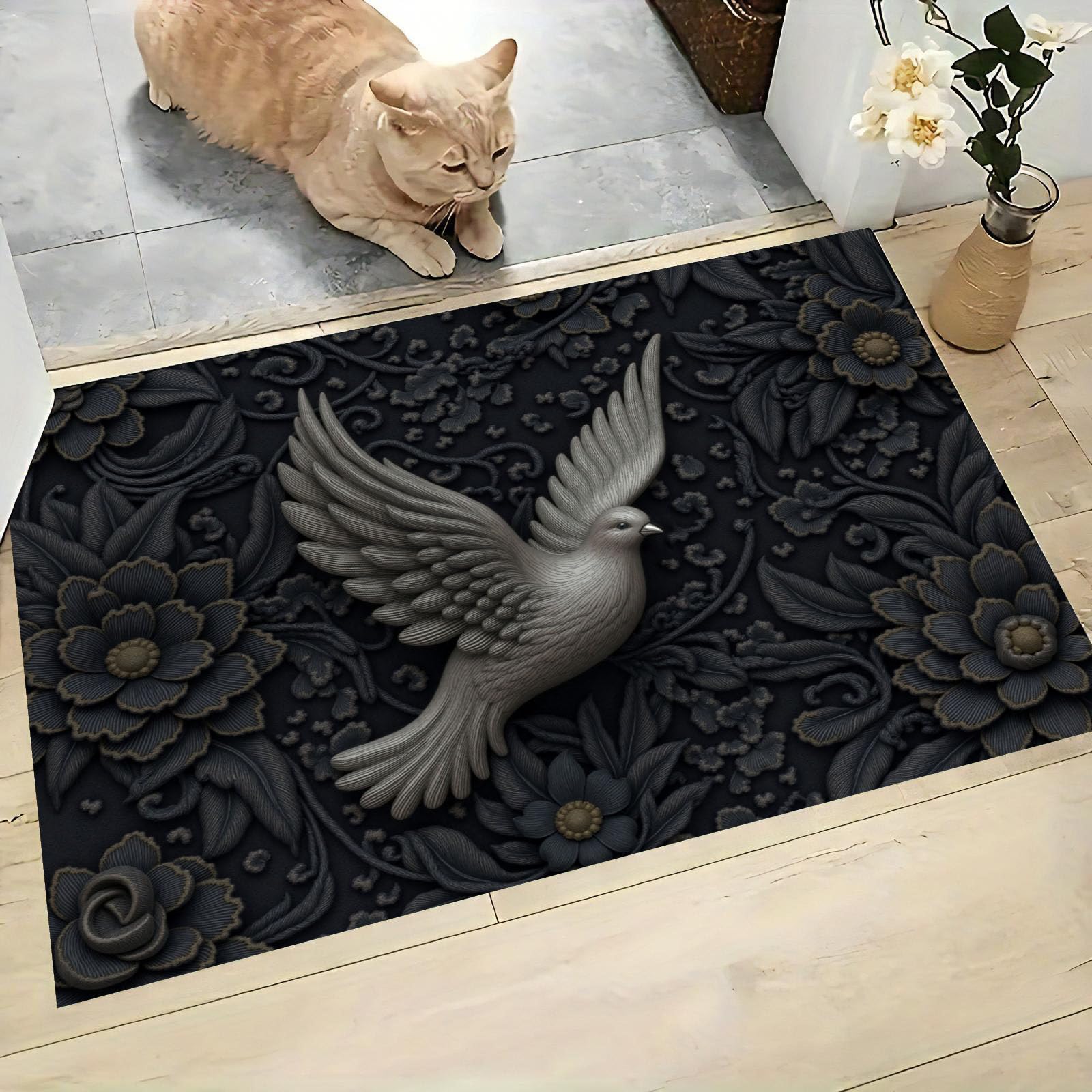 Paillasson animaux retro noir rectangulaire antidérapant 80x120cm relief 3D