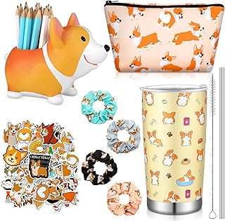 TaoBary Corgi Dog Gift Set Includes Corgi Dogs Makeup Bag Corgi Pen Pencil Holder with Phone Stand 50 Corgi Stickers 4 Corgi Dog Hair Scrunchies Corgi 20 oz Stainless Steel Tumbler for Women Girls
