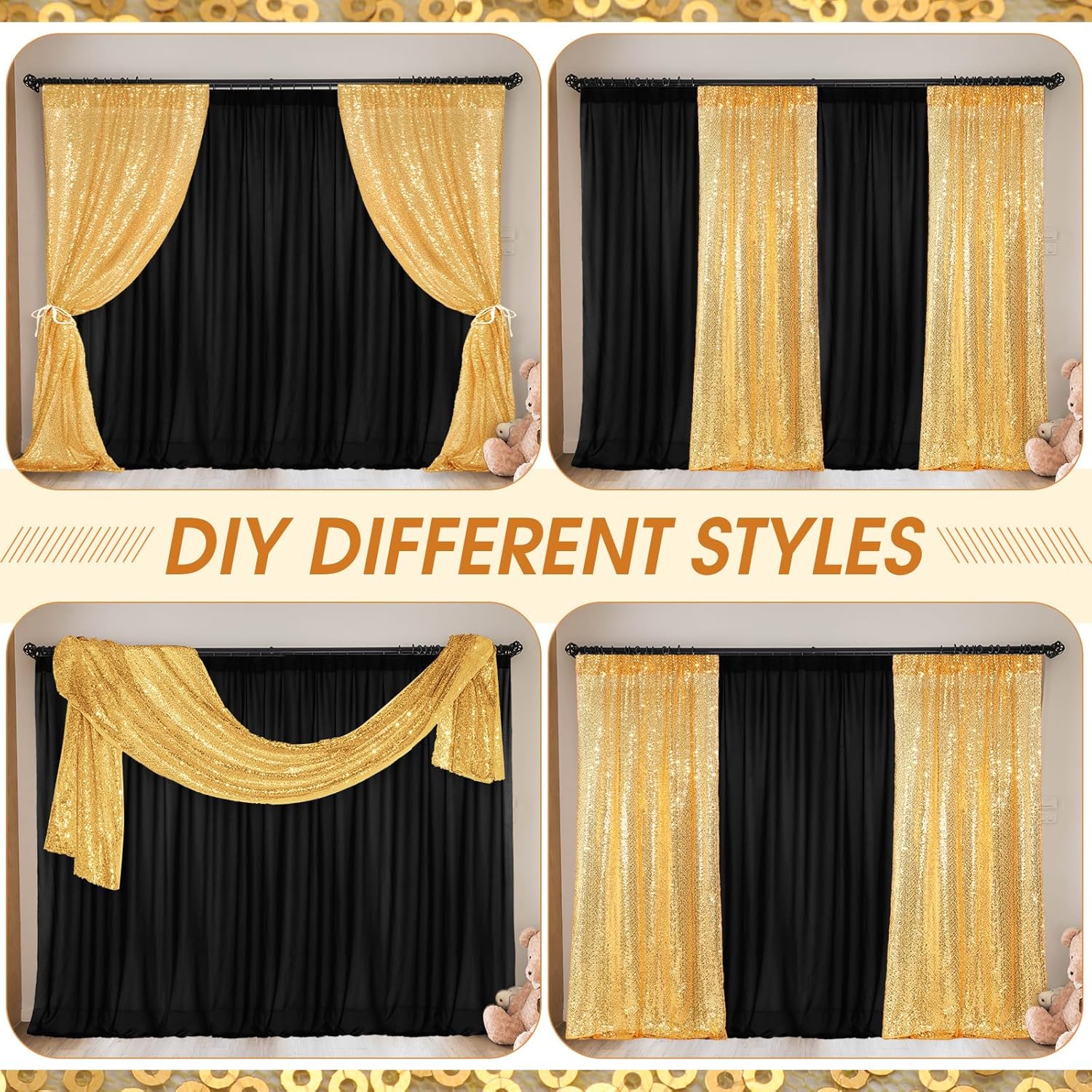 4 Panels Backdrop Curtains 2 Pcs 4 x 10 ft Sequin Glitter 2 Pcs 7 x 10 ft Chiffon Photo Background Curtains for Halloween Wedding Birthday Party Decorations(Black, Gold)