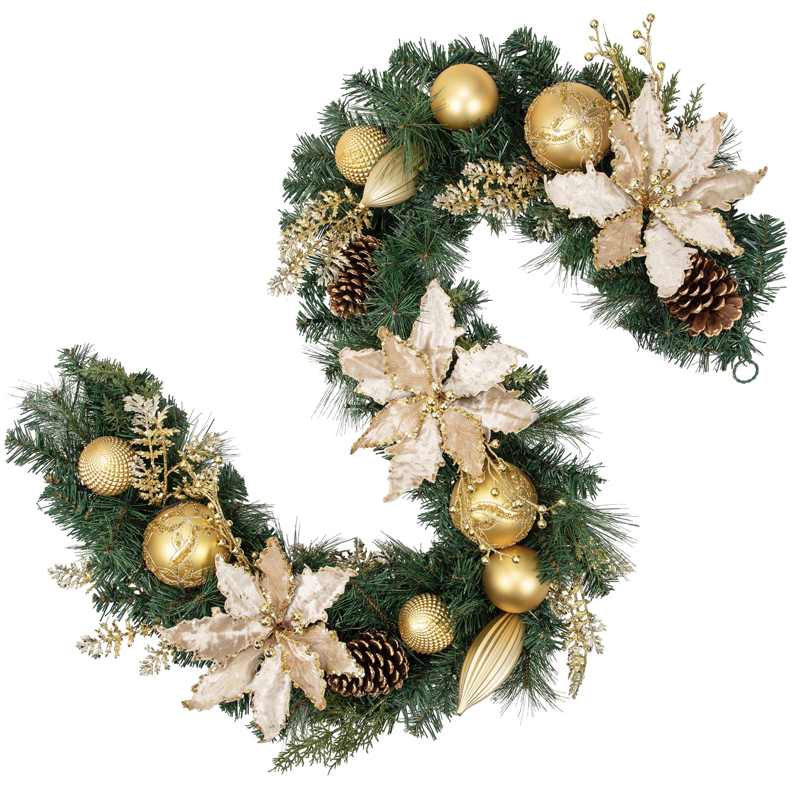 183cm Weihnachtsgirlande mit Dekorative Weihnachtskugeln und Weihnachtsmagnolie, Tannenzapfen Weihnachtsdeko Türkranz für Feste Advent, Hauswandbehang oder Weihnachtsdekoration
