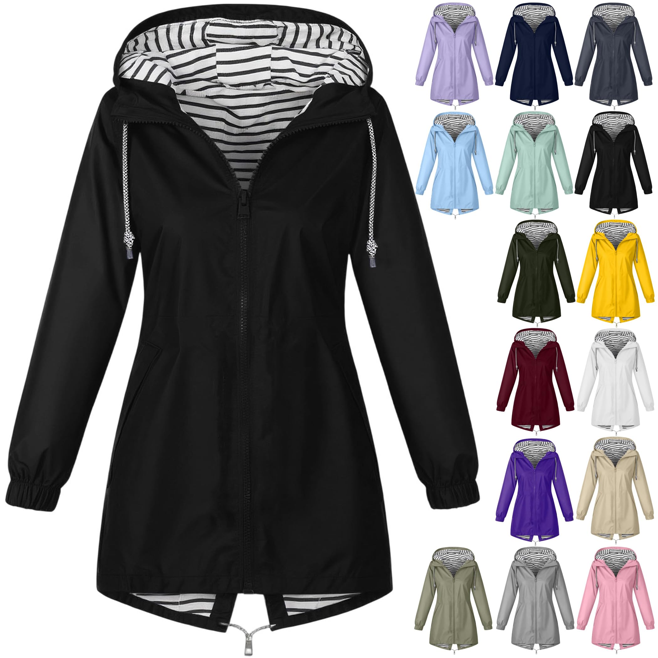 Veste Imperméable Femme À Capuche Léger Coupe-Vent Mi-Saison Fermeture Éclair Poches Blouson de Pluie Manches Longues Randonnée Extérieur Pliable Tenue Quotidienne Respirant Plein Air Confortable