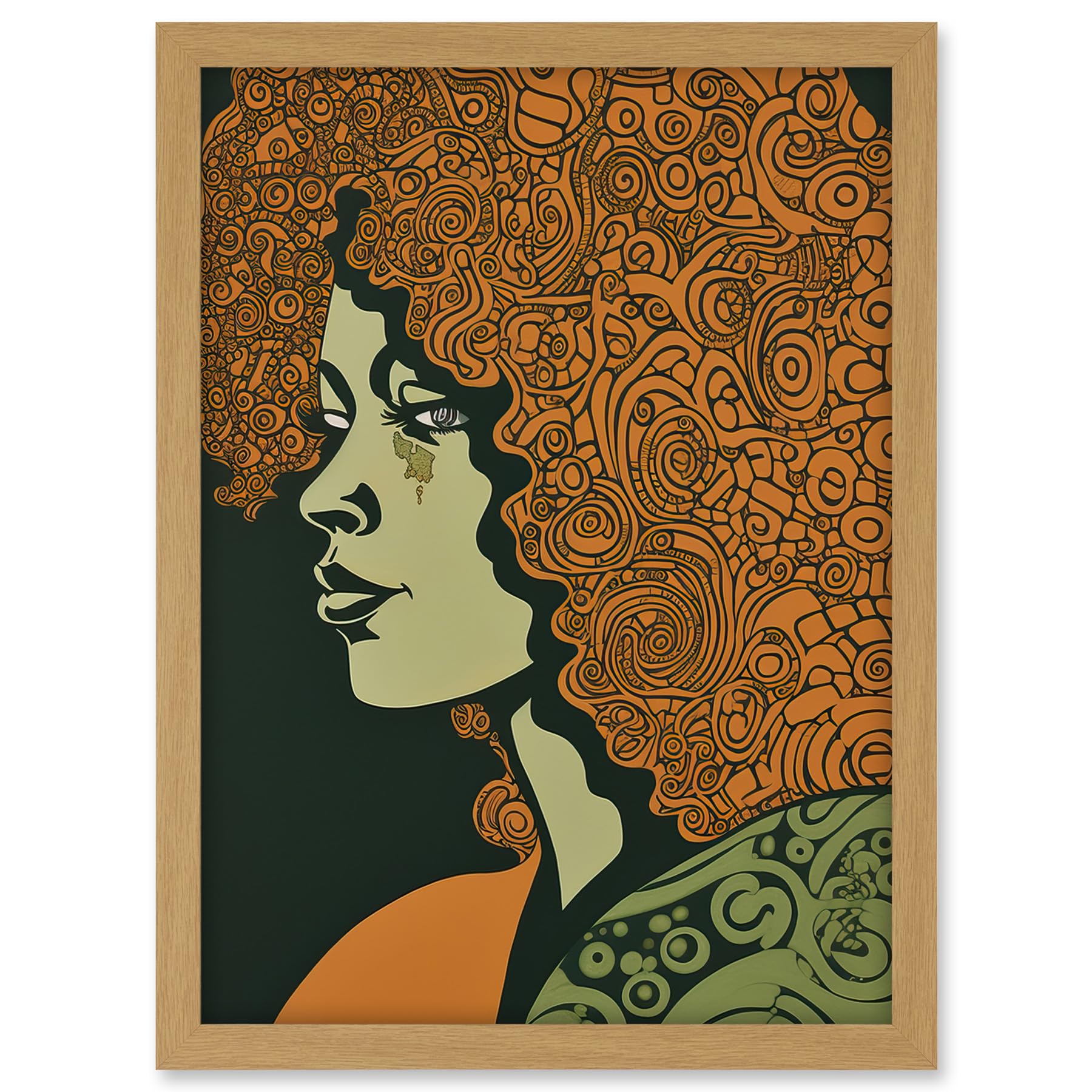 Artery8 Woman Portrait Illustration with Pattern Afro Hair Artwork Framed A3 Wall Art Print