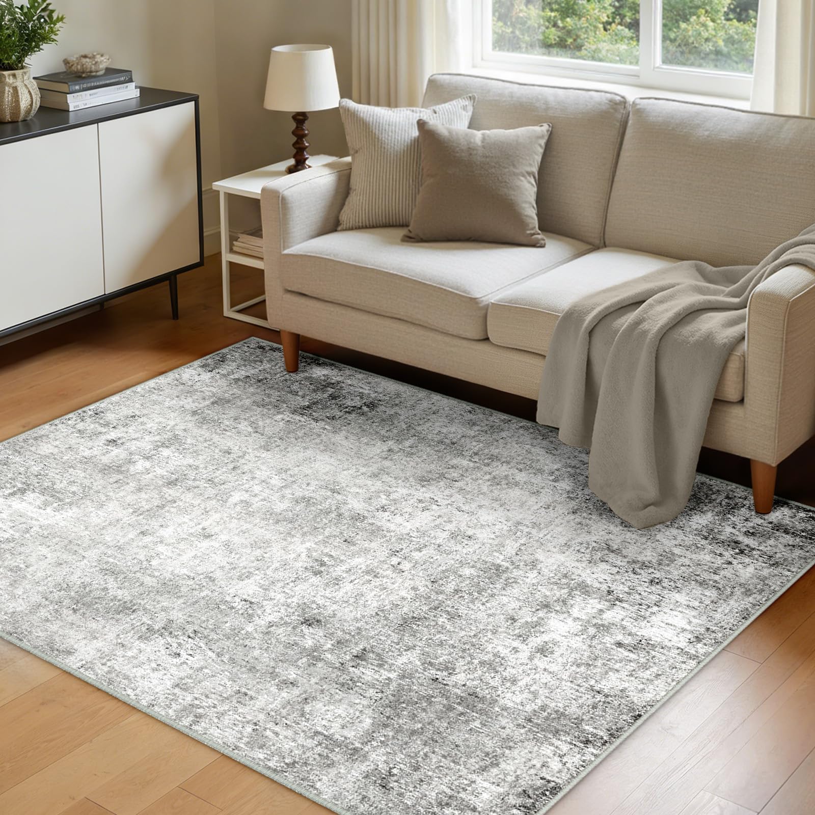 INOVADAY Waschbarer Teppich Wohnzimmer 120x180 cm Moderne Abstrakt Teppich Schlafzimmer mit Weichem Kurzflor rutschfest Minimalistische Teppiche für Lounge Esszimmer Grau/Weiß