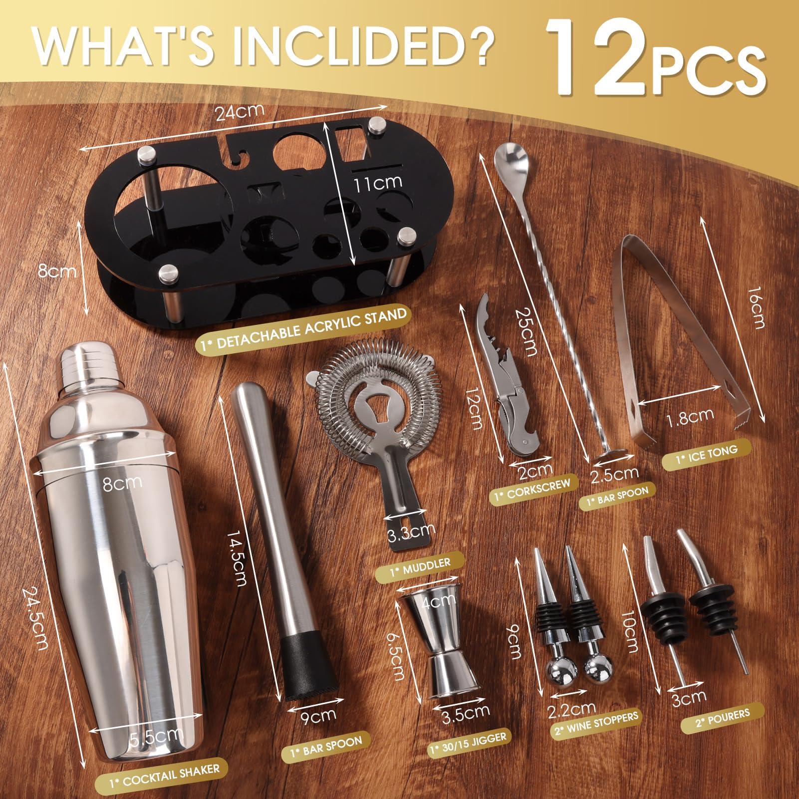 FoiiLiio 12 pezzi cocktail set kit in Acciaio Inox，Shaker Cocktail Set，Kit Barman 750 Ml,Professionale Kit Barman Completo,professionale barman set,Set Cocktail Professionale