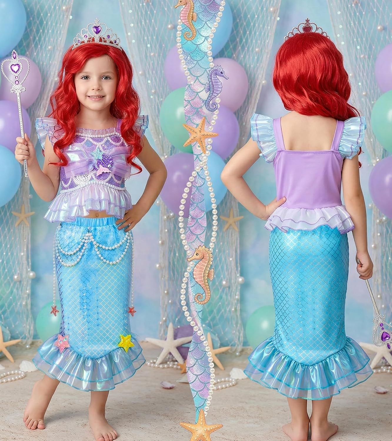 G.C Mermaid Costume for Girls,Little Mermaid Dress with Red Wig,Princess Dress Up Halloween Birthday Gift for Kids 2-7